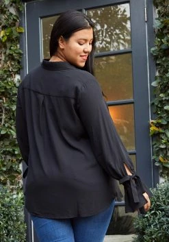 Pleione Self-tie Bell Cuff Plus Size Women Clothing Button Down Shirt Blouse -Asoph Sales Shop 2000623 001 3