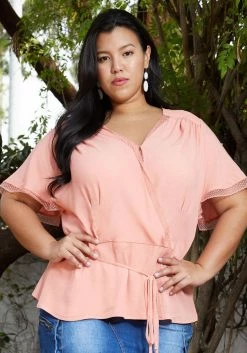 Nurode Plus Size Lace Trim Cape Sleeve Wrap Blouse