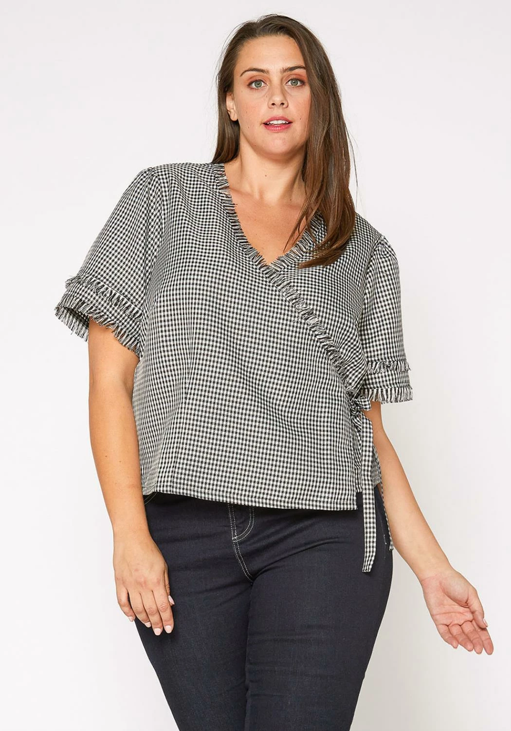 Nurode Plus Size Womens Fringe Trim Gingham Wrap Blouse 1 Nurode Plus Size Womens Fringe Trim Gingham Wrap Blouse