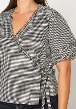Nurode Plus Size Womens Fringe Trim Gingham Wrap Blouse 7 Nurode Plus Size Womens Fringe Trim Gingham Wrap Blouse -Asoph Sales Shop 2003568 001 4