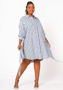 Nurode Plus Size Lace Trim Wrapped Shirt Dress