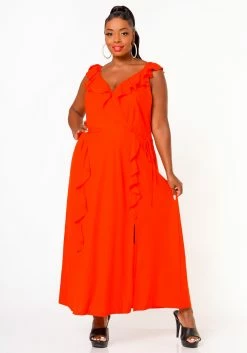 Nurode Plus Size Ruffle Trim Wrapped Maxi Dress
