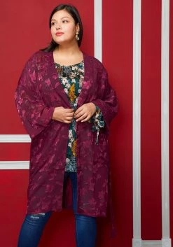 Pleione Plus Size Sheer Floral Embossed Robe Cardigan