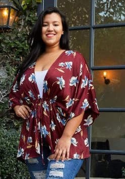 Pleione Plus Size Women's Self-tie Front Floral Batwing Kimono Cardigan