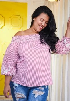 Asoph Plus Size Off Shoulder Stripe Top With Flower Print -Asoph Sales Shop 2005027 102 4