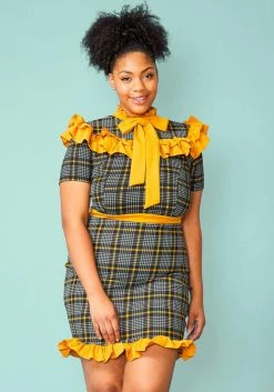 Plus Size Plaid Ruffle Tie Neck Mini Dress