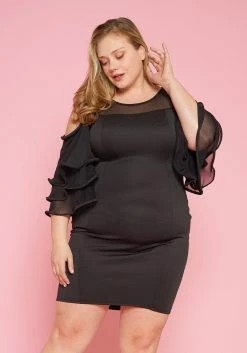 Asoph Plus Size Mesh Contrast Party Bodycon Dress