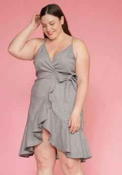 Asoph Plus Size Ruffle Hem Wrap Gingham Dress