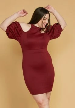 Plus Size Shoulder Cutout Puff Sleeve Dress