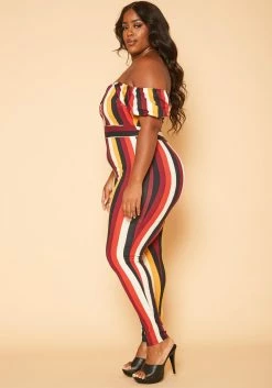 Plus Size Puff Sleeve Multi Stripe Jumpsuit -Asoph Sales Shop 2005502 111 2