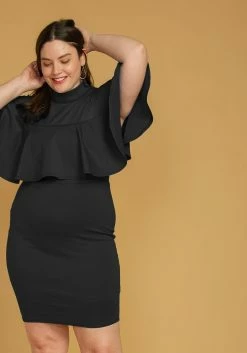 Asoph Plus Size Mesh Mock Neck Ruffle Mini Dress