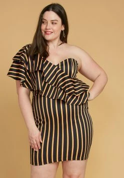Asoph Plus Size One Shoulder Stripe Party Dress