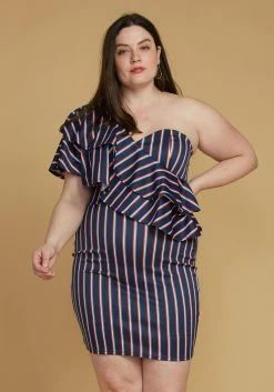 Asoph Plus Size One Shoulder Stripe Party Dress