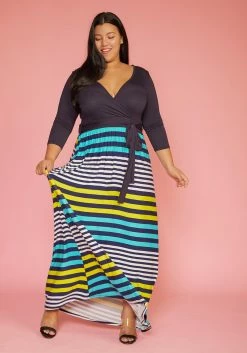 Plus Size Multi Stripe Contrast Wrap Dress