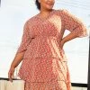 Pleione Plus Size Womens Red Floral Tier Layered Chiffon Dress