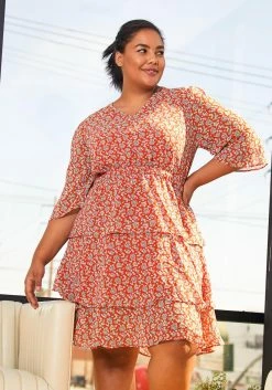 Pleione Plus Size Womens Red Floral Tier Layered Chiffon Dress