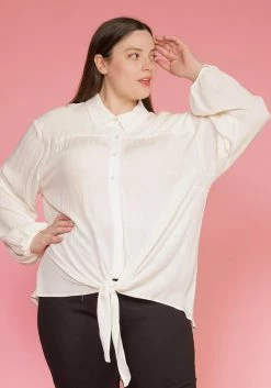 Pleione Plus Size Pleated Tie Hem Button Down Blouse