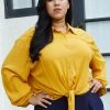 Pleione Plus Size Pleated Tie Hem Button Down Blouse