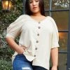 Pleione Plus Size Puff Shoulder Button Down Blouse