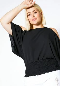 Asop Plus Size Cold Shoulder Womens Ruched Blouse