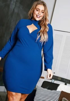 Asoph Plus Size Keyhole Front Long Sleeve Mini Dress