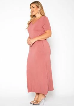 Plus Size V-Neck Short Sleeve Maxi Dress With Pockets -Asoph Sales Shop 2011149 186 2