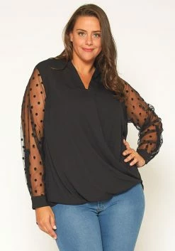 Pleione Plus Size Mesh Dot Wrap Blouse
