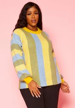 Pleione Plus Size Multi Stripe Cozy Crewneck Sweater -Asoph Sales Shop 2012142 105 6
