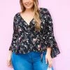 Asoph Plus Size Spring Floral Bell Long Sleeve Blouse