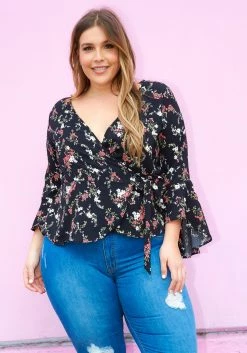Asoph Plus Size Spring Floral Bell Long Sleeve Blouse