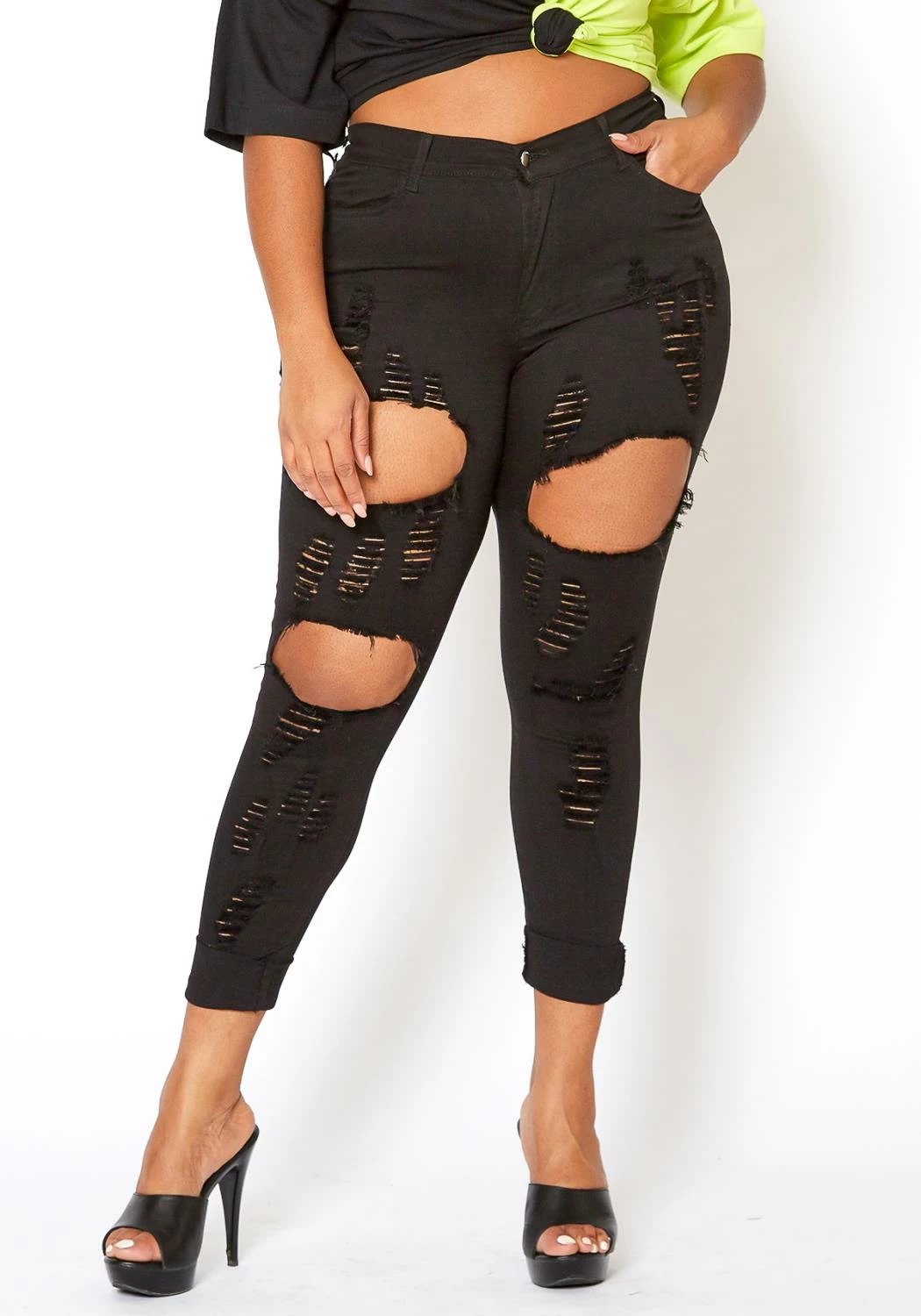 Vibrant Plus Size Stripe Distressed Black Denim Skinny Jean 2 Vibrant Plus Size Stripe Distressed Black Denim Skinny Jean - Image 2