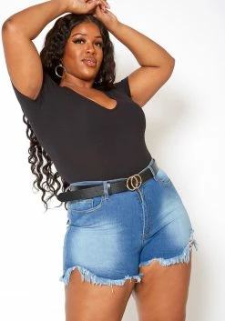 Vibrant Frayed Hem High Waist Light Denim Shorts