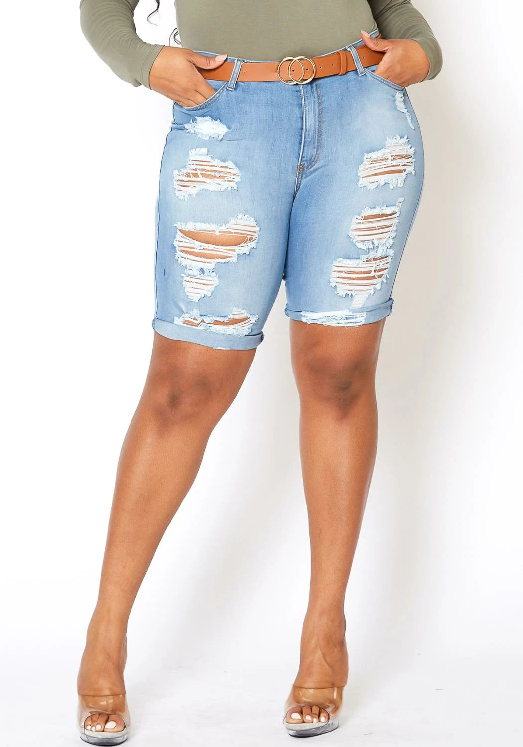 Vibrant Light Wash Distressed Bermuda Plus Size Shorts 2 Vibrant Light Wash Distressed Bermuda Plus Size Shorts - Image 2