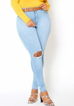 Vibrant Plus Size Classic Light Blue Washed Knee Rip Denim Jeans -Asoph Sales Shop 2013653 940 4