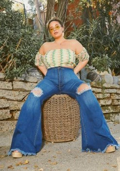 Vibrant Plus Size Knee Distressed Retro Bell Bottom Jean