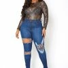 Vibrant Plus Size Front & Back Distress Hem Jean
