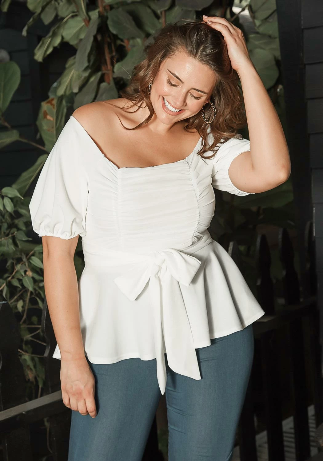 Asoph Plus Size Off Shoulder Chiffon Smocked Peplum Blouse 1 Asoph Plus Size Off Shoulder Chiffon Smocked Peplum Blouse
