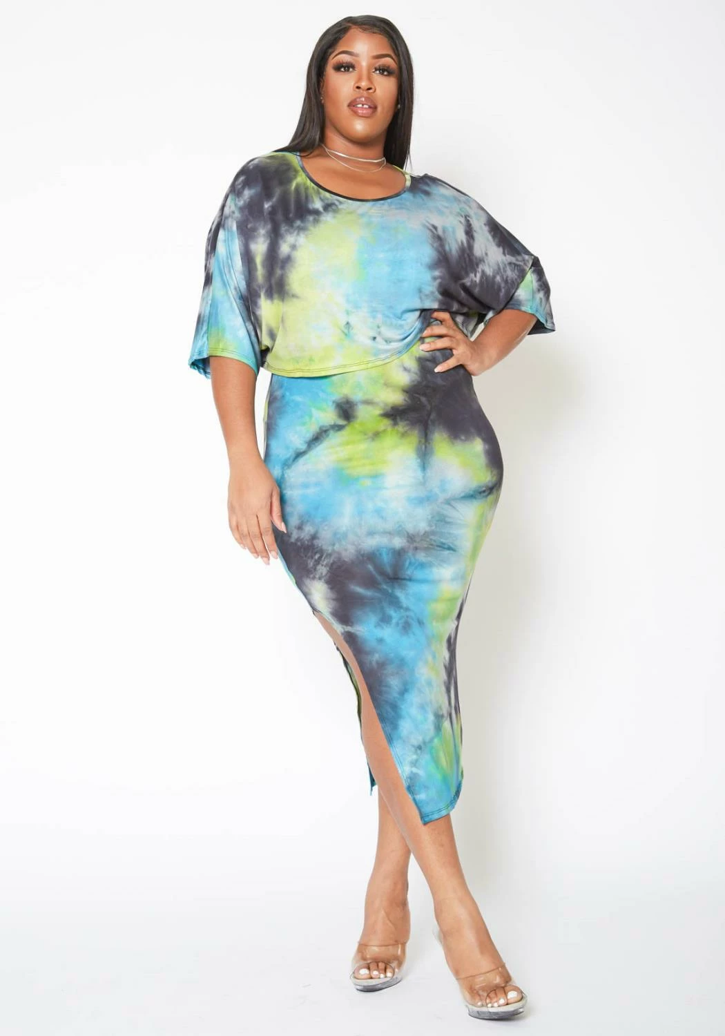 Asoph Plus Size Ocean Tie Dye Crop Top & Tank Midi Dress Set 1 Asoph Plus Size Ocean Tie Dye Crop Top & Tank Midi Dress Set