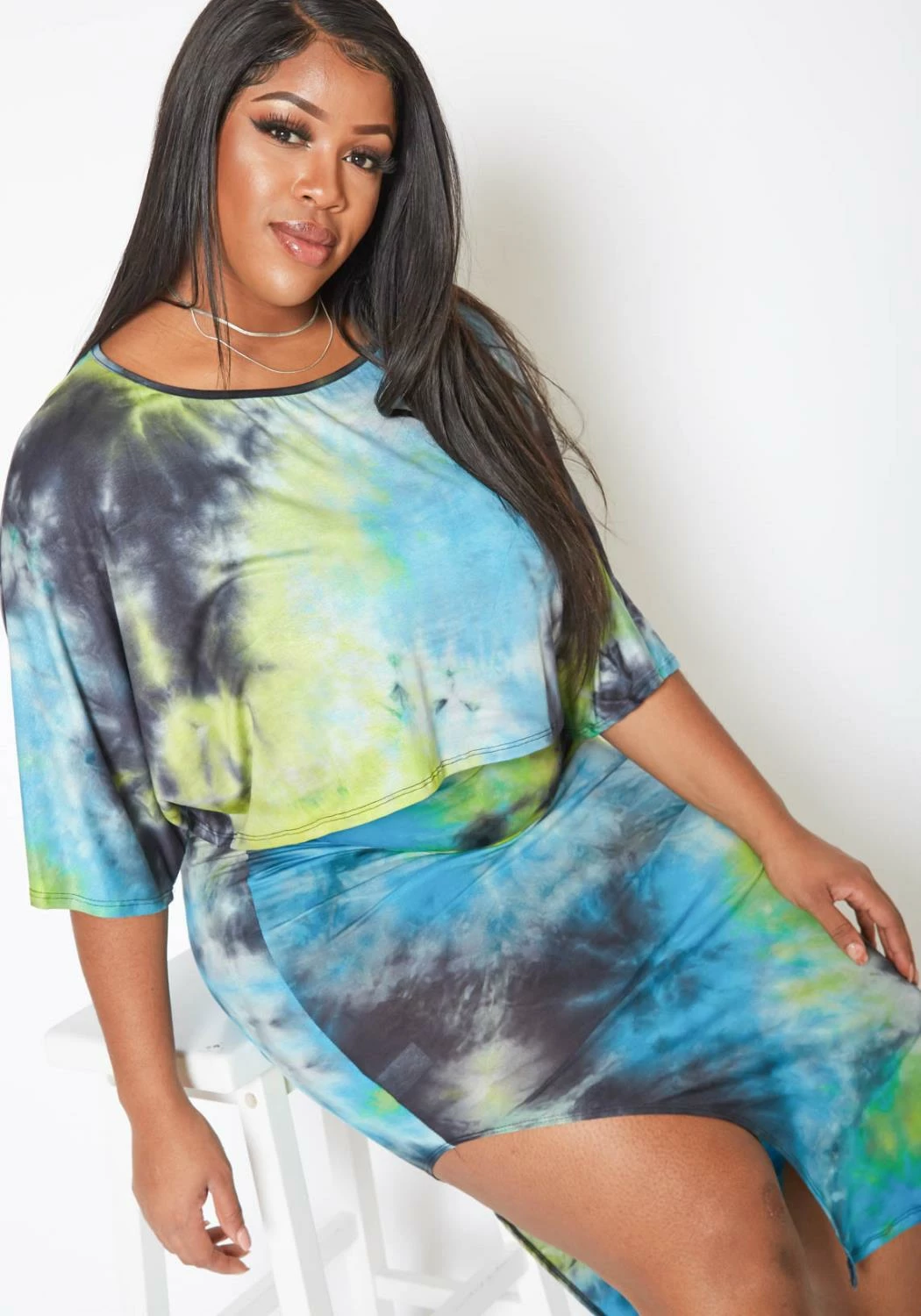 Asoph Plus Size Ocean Tie Dye Crop Top & Tank Midi Dress Set 3 Asoph Plus Size Ocean Tie Dye Crop Top & Tank Midi Dress Set - Image 3