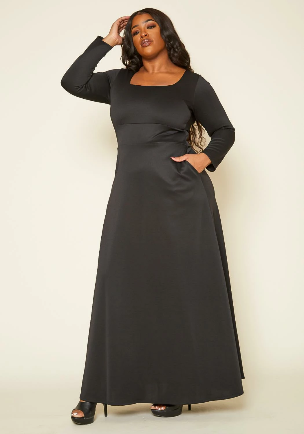 Plus Size Classic Square Neck Long Sleeve Maxi Dress 3 Plus Size Classic Square Neck Long Sleeve Maxi Dress - Image 3