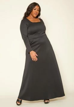 Plus Size Classic Square Neck Long Sleeve Maxi Dress