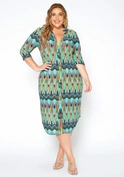 Asoph Plus Size 70s Boho Print Collar Midi Dress