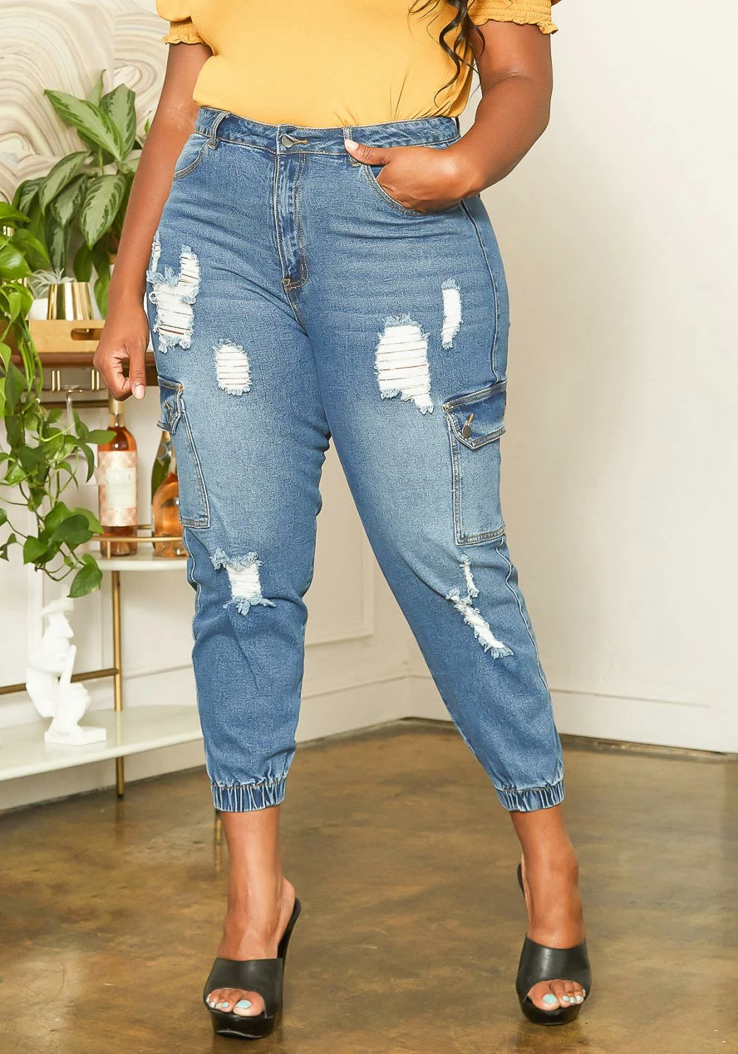Asoph Plus Size Distressed Denim Cargo Mom Jeans 2 Asoph Plus Size Distressed Denim Cargo Mom Jeans - Image 2
