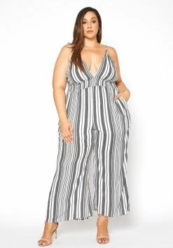 Asoph Plus Size Multi Striped Flare Leg Cami Jumpsuit