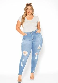 Vibrant Plus Size Light Denim Distressed Skinny Ankle Jeans