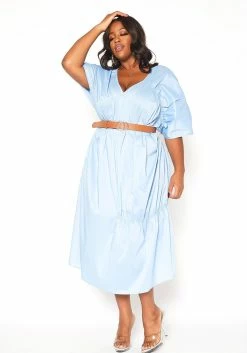 Asoph Plus Size V-Neck Ruched Oversized Midi Dress