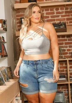 Vibrant Plus Size Light Denim Distressed Shorts