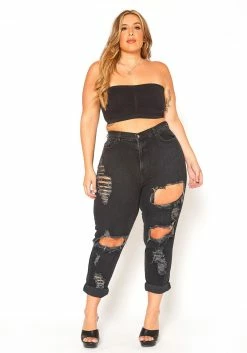 Vibrant Plus Size Distressed Raw Hem Mom Jeans