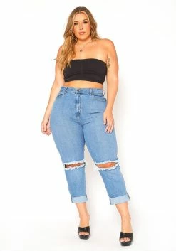 Vibrant Plus Size Ripped Knee High Rise Mom Jean