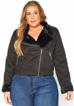 Asoph Plus Size Chic Faux Fur Lined Suede Moto Jacket -Asoph Sales Shop 2016404 001 0